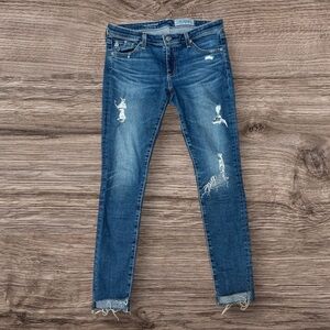 Ag Adriano Goldschmied Blue Super Skinny Ankle Jeans with Distressed Details